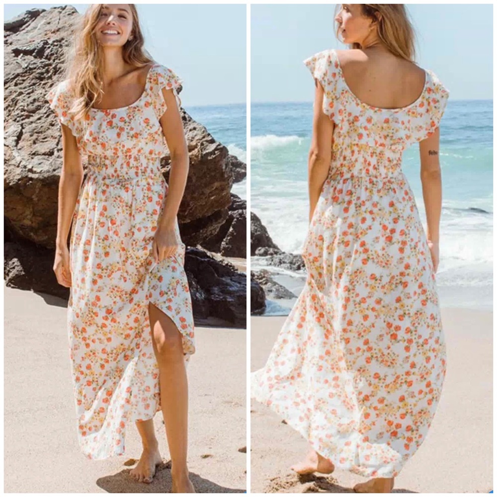 SLEEVELESS RUFFLE SMOCK WAIST FLORAL MAXI DRESS